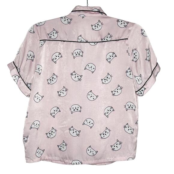 FOREVER 21 Cat Print Pajama Shirt Shorts Set Satin Lightweight Pink Size Small - Picture 2 of 10